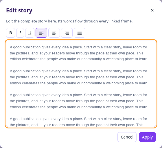 Movable Edit story window with bold, italic, underline and paragraph alignment buttons.