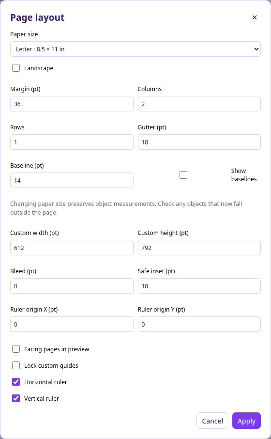 Page layout dialog with paper size, margins, guides, bleed, safe inset and ruler settings.