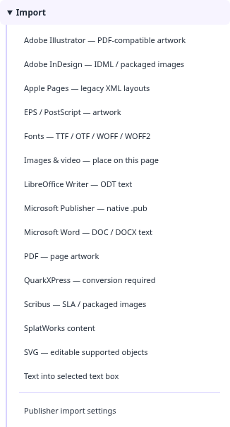 Alphabetized File → Import menu with named source applications and text/media actions.