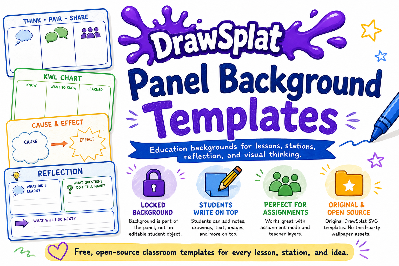 Panel Background Templates in DrawSplatTM with classroom template icons and DrawSplatTM logo